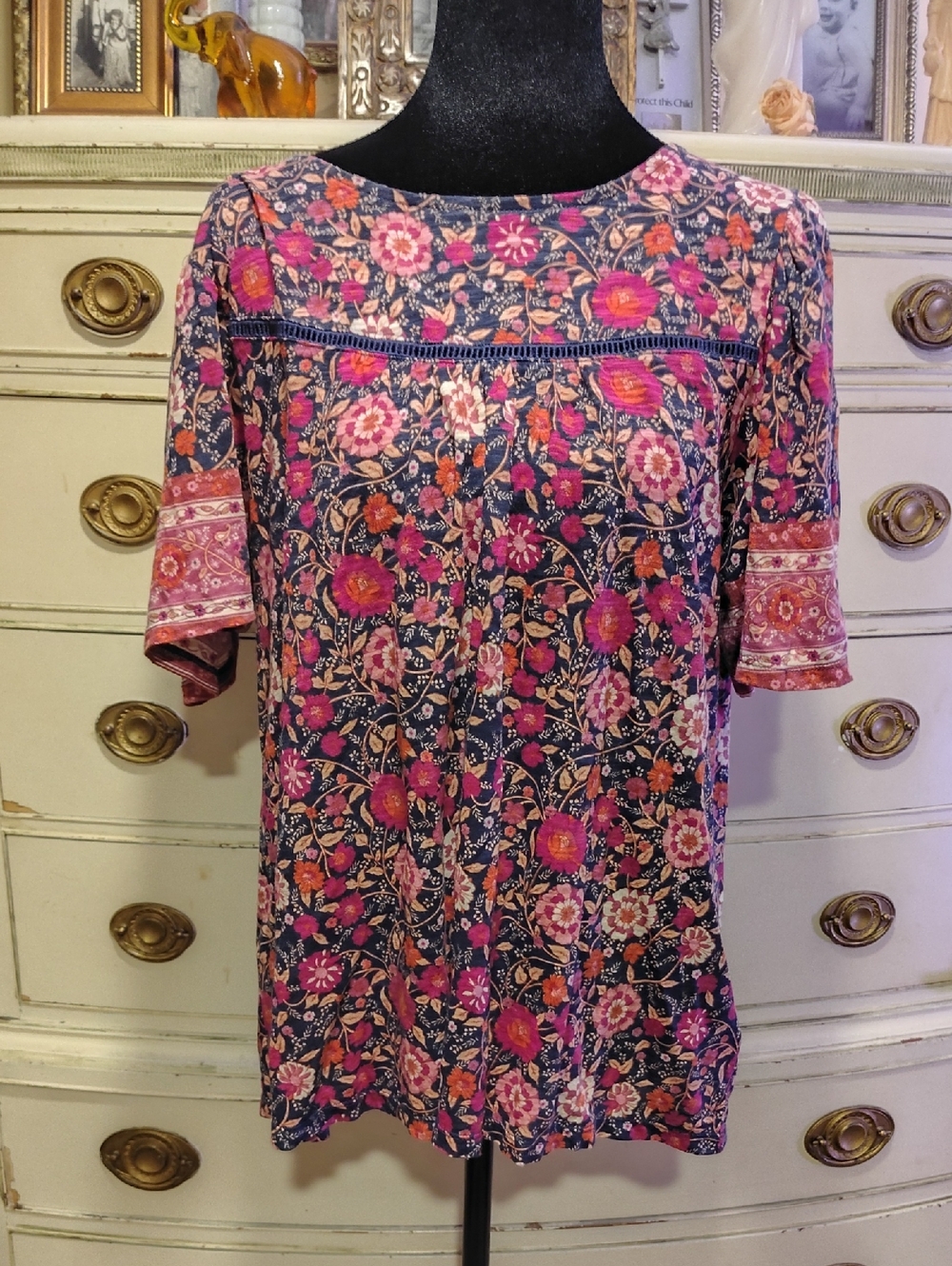 Lucky Brand Floral Scoop Neck Top - Pink & Navy